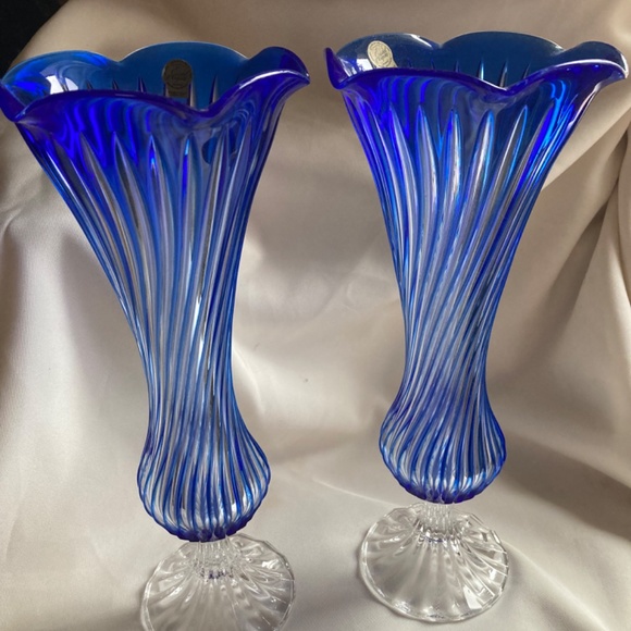Cristal D'Arques Blue Vases Scalloped Footed Twist Stem 24% Lead Crystal France - Picture 6 of 8